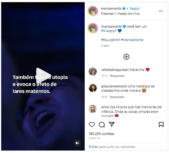 post do instagram da marisa monte